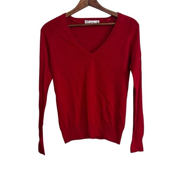Zara V-Neck Knit Raglan Long Sleeve Cotton Blend Pullover Sweater Red Medium - Picture 2 of 8